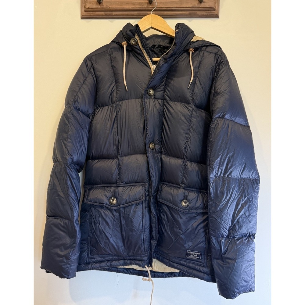 Y2K ERA Abercrombie & Fitch Womens Down Puffer Coat Jacket Hooded Navy Blue M - Picture 1 of 15
